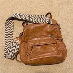 Women’s Tan Faux Leather Backpack with Chevron Strap